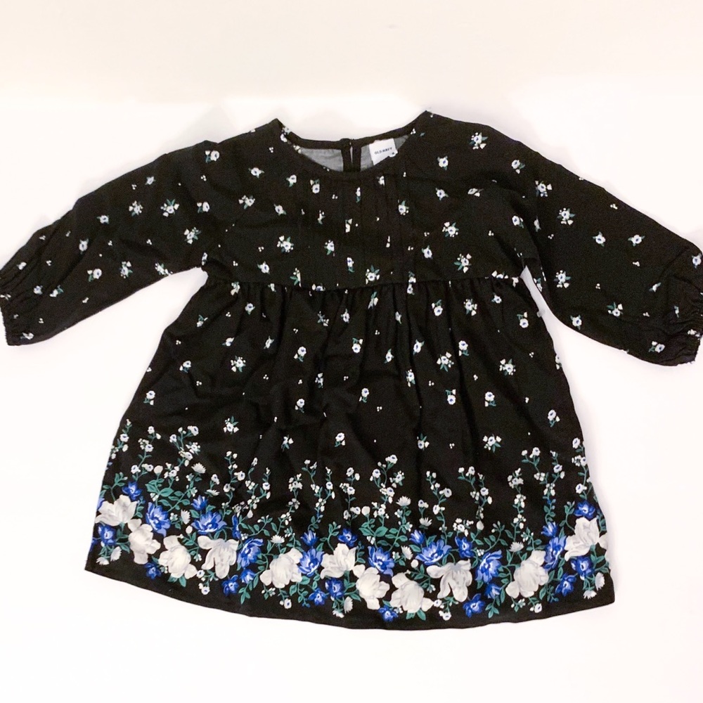Infant girl black dress with blue floral print.